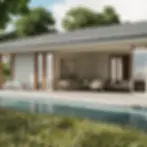 Terrasse extérieure avec salon WAHO intégré dans une architecture contemporaine, illustrant un aménagement haut de gamme harmonieux et sur-mesure.