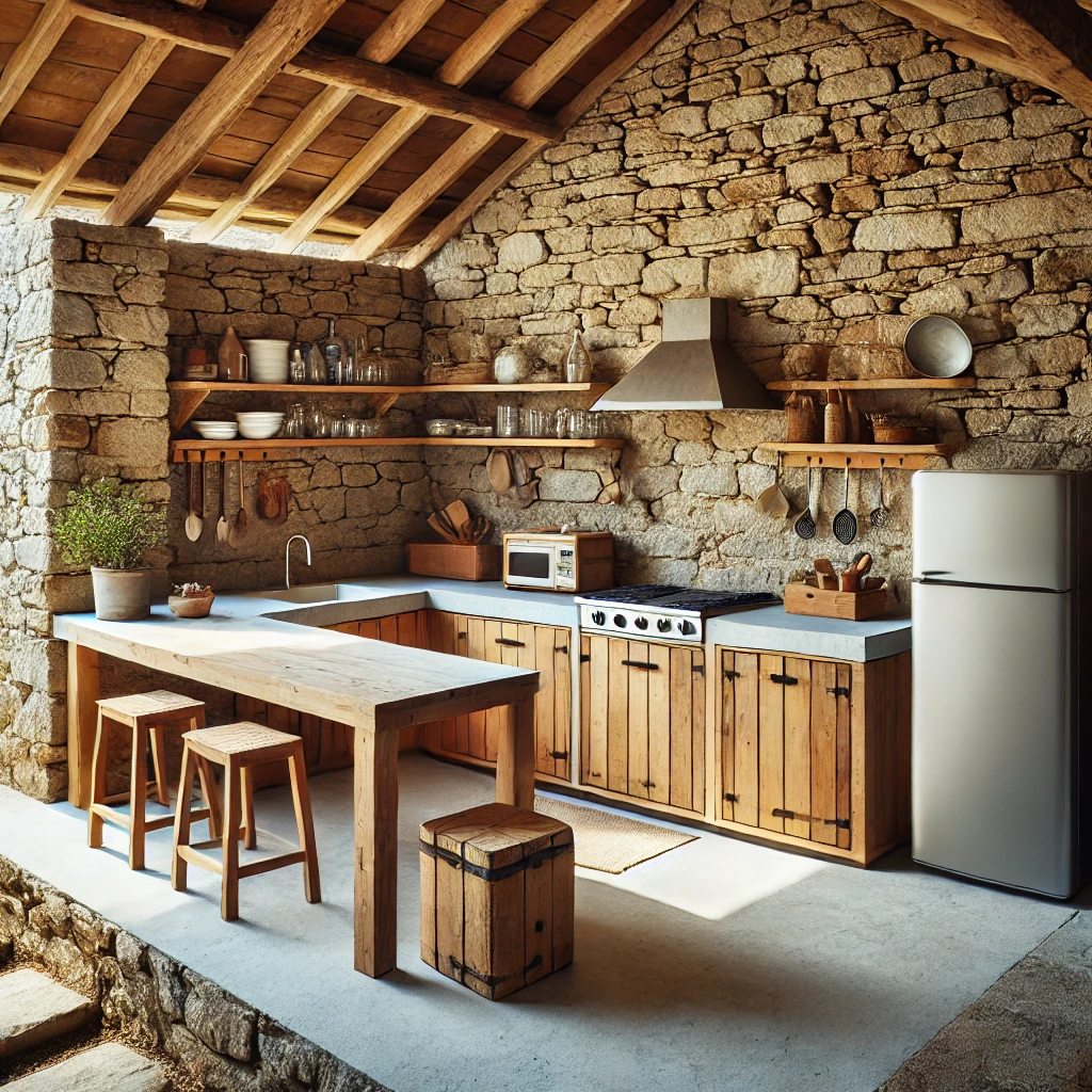 cuisine d'été en bois avec plan en pierre, sous abri