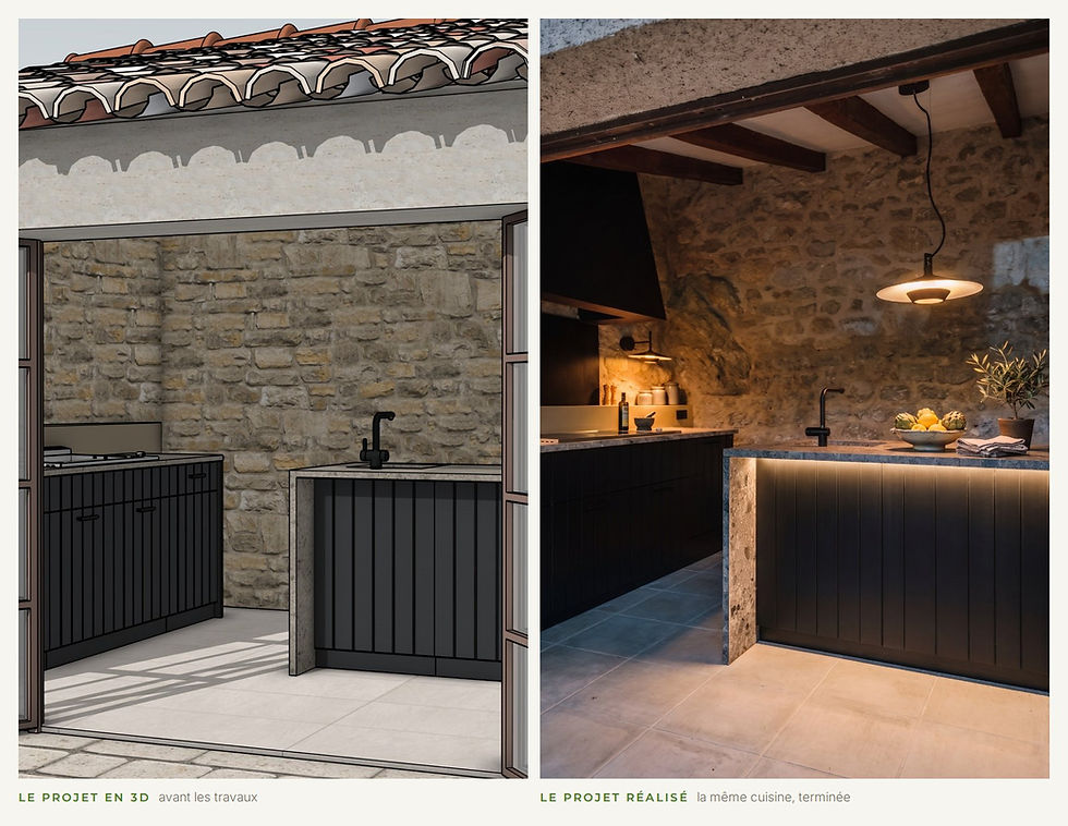 Rendu 3D d'une cuisine extérieure WAHO à façades noires rainurées contre un mur en pierre, à côté de la photo du projet réalisé