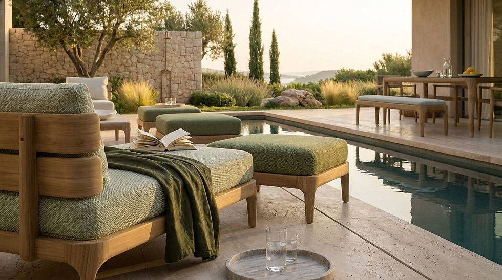 Détail d’un salon extérieur en teck et tissus verts texturés au bord d’un bassin, illustrant le confort des matières dans un aménagement esprit micro resort.