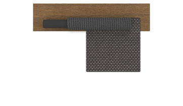 Échantillons de matériaux de la collection Cruise Teak – teck fumé, corde synthétique gris foncé, textile outdoor gris foncé chiné, présentés sur fond blanc.