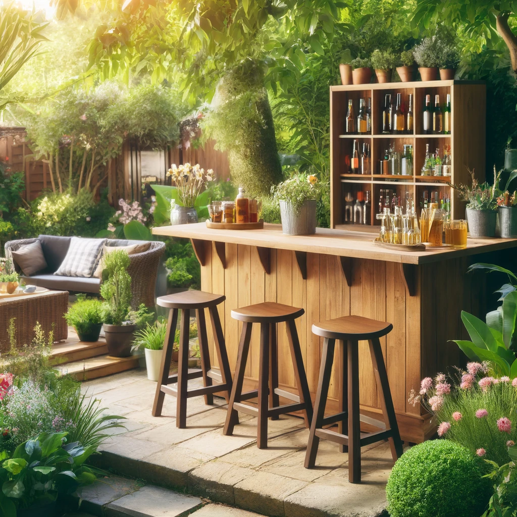 bar en bois sur une terrasse divertissement à l'extérieur