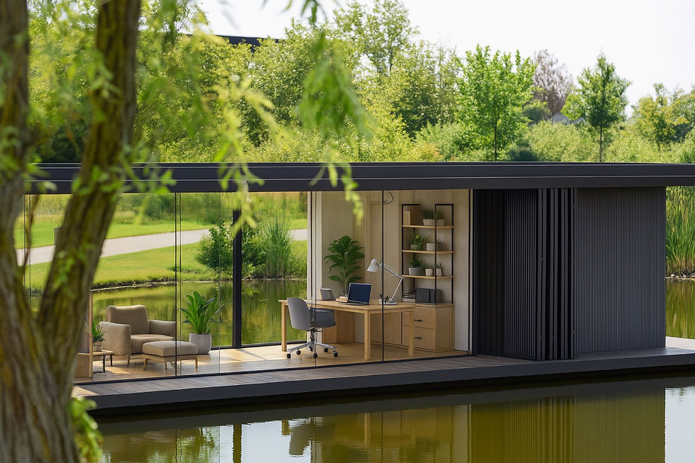 Pavillon flottant vitré sur étang verdoyant : desk bois, fauteuil ergonomique et salon gris WAHO, illustration d’un écrin outdoor idéal