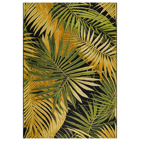 Tapis AMAZZONIA 800/Q04 vu de dessus, avec feuillages de palmier verts et dorés sur fond noir profond
