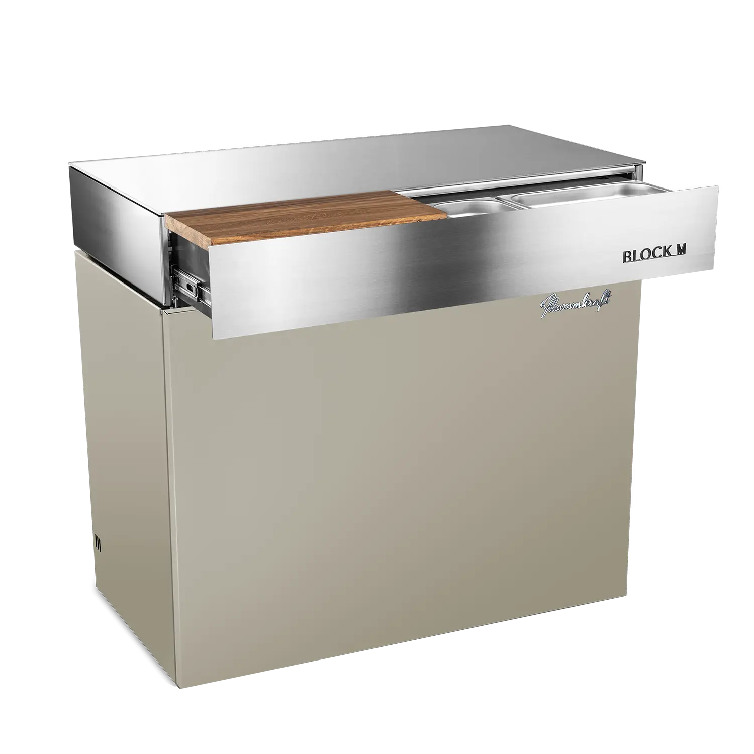 Module Flammkraft Block M avec plan de travail en inox et façade beige, design minimaliste pour la préparation culinaire en extérieur.