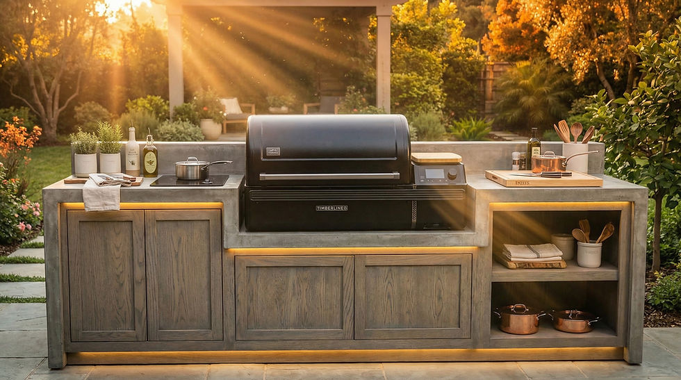 Barbecue à pellets Traeger Timberline intégré dans une cuisine extérieure haut de gamme avec rangements, plan de travail et éclairage, symbole d’une cuisine en plein air simple et connectée.