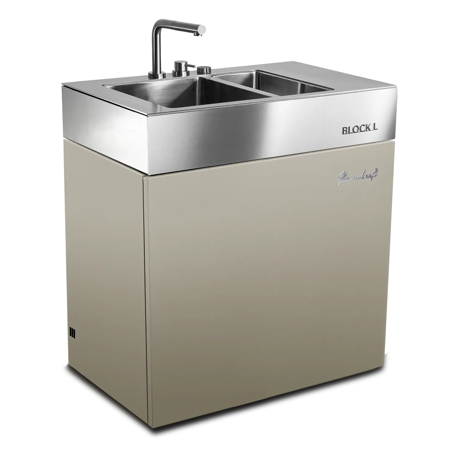 Module Flammkraft Block L avec double bac inox et mitigeur design, solution complète pour point d’eau en cuisine extérieure haut de gamme.