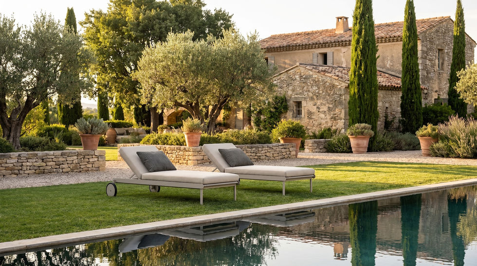 Bains de soleil extérieurs TEMPO SKLD Studio avec structure aluminium et coussins gris dans un jardin paysager