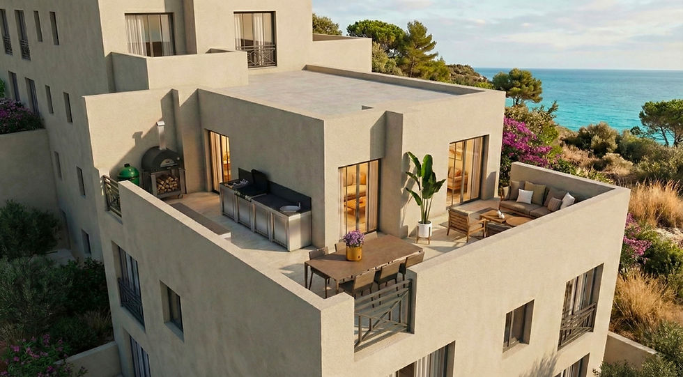 Cuisine extérieure modulable ENO sur terrasse d’appartement à Carry-le-Rouet, avec vue panoramique sur la mer Méditerranée.