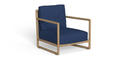 Fauteuil de jardin collection Jun – structure teck naturel, coussins outdoor bleus, vue produit sur fond blanc.