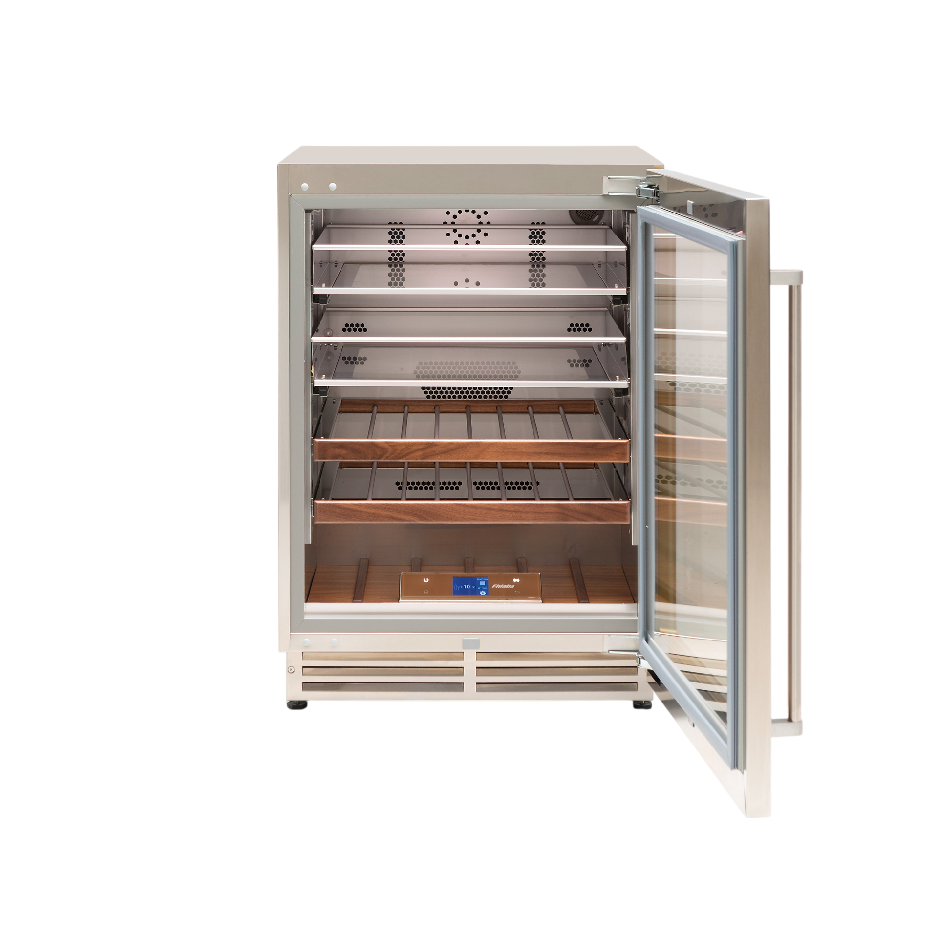Beverage Center Fhiaba outdoor porte ouverte, sous-plan 60 cm, intérieur inox AISI 304, clayettes bois, affichage digital.
