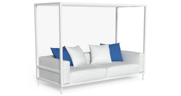 Canapé à baldaquin de jardin collection CleoSoft Alu – structure aluminium blanc et coussins outdoor blanc argenté, vue produit sur fond blanc.