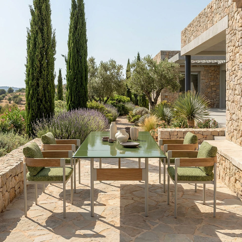 Grande table FLOW Talenti 280x100 avec fauteuils verts sur terrasse en pierre méditerranéenne