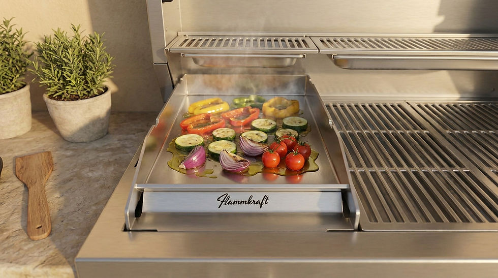Cuisson de légumes sur plancha inox Flammkraft en acier inoxydable massif