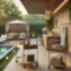 Terrasse élégante équipée de dessertes roulantes, porte-serviettes et mobilier d’extérieur en bois, idéalement agencée autour d’une piscine.