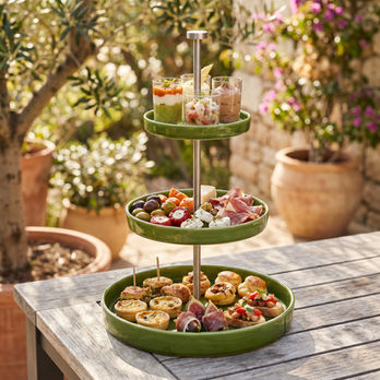 Étagère de présentation 3 niveaux Verde ASA Selection garnie de verrines, tapas, olives, charcuteries et amuse-bouches