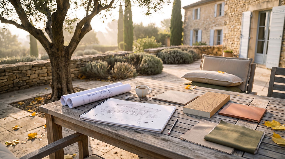 Table de jardin en automne avec les plans d'une cuisine d'été et des échantillons de matières sur une terrasse provençale