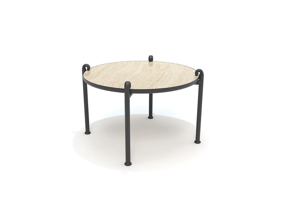Table basse ronde AMBOISE Maiori vue de face avec structure en aluminium anthracite et plateau effet pierre naturelle