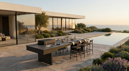 NOJARA de Fògher installée sur une terrasse contemporaine avec piscine et vue mer