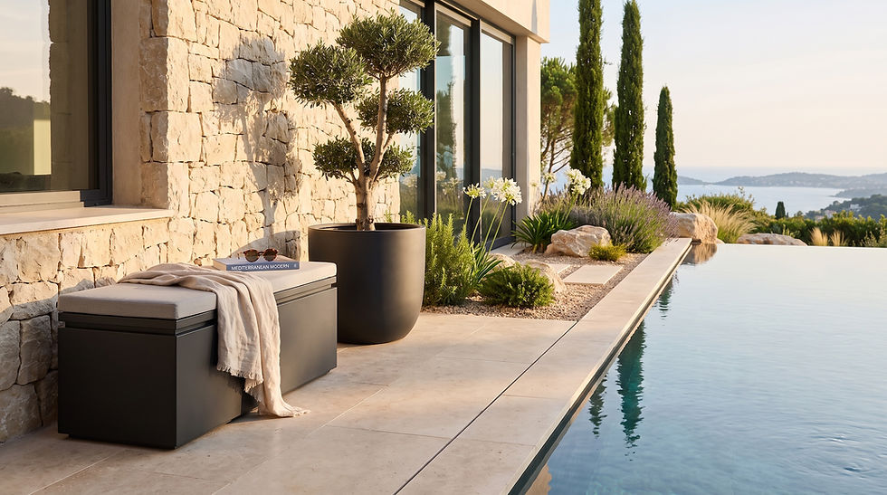 Coffre de rangement extérieur Fogher AIVA installé sur une terrasse de villa contemporaine avec piscine dans un jardin méditerranéen.