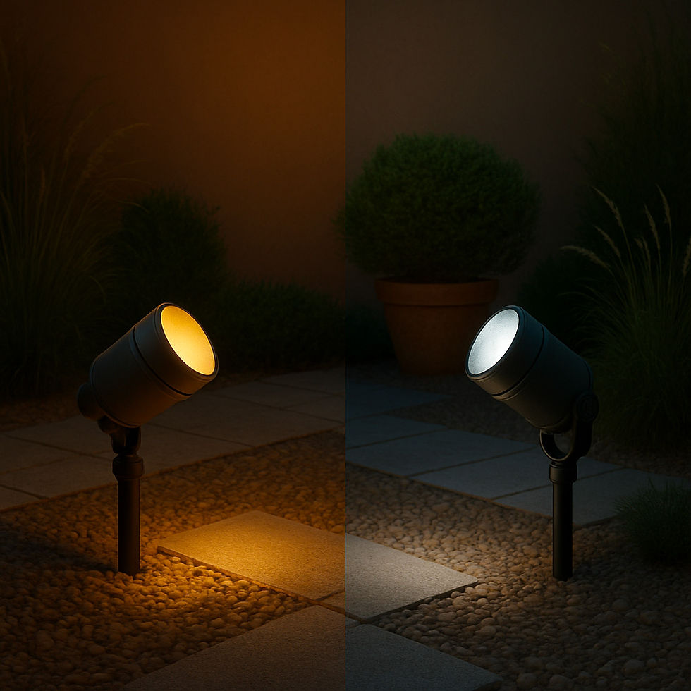 Comparaison visuelle entre deux projecteurs extérieurs LED : l’un à lumière chaude, l’autre à lumière froide, illustrant les différentes températures de couleur disponibles pour créer l’ambiance souhaitée dans un jardin.