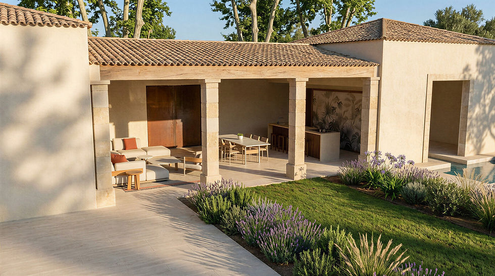 Vue d'ensemble du projet d'aménagement d'un pool-house contemporain conçu par WAHO avec salon, cuisine extérieure et espace repas.
