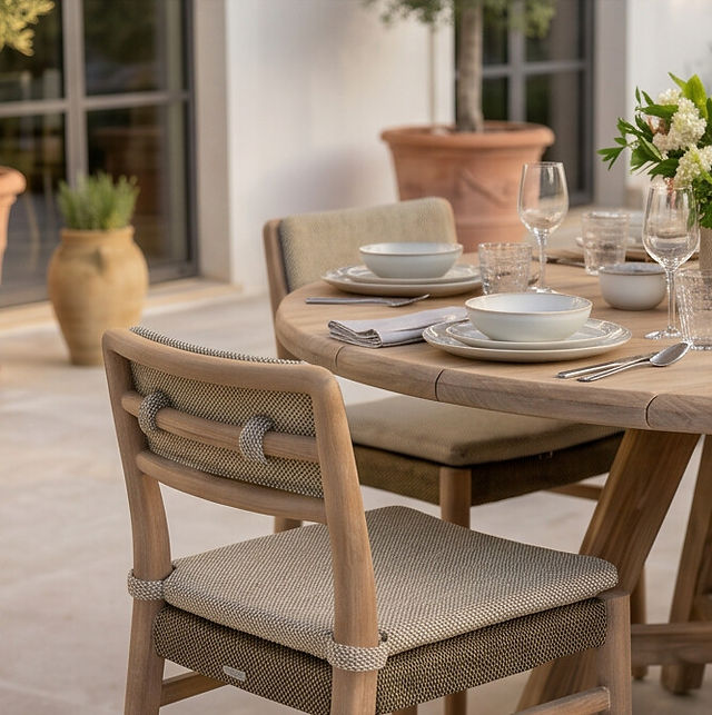 Table de repas en teck Gommaire avec fauteuils assortis installée sous un parasol rond pour profiter des journées ensoleillées.