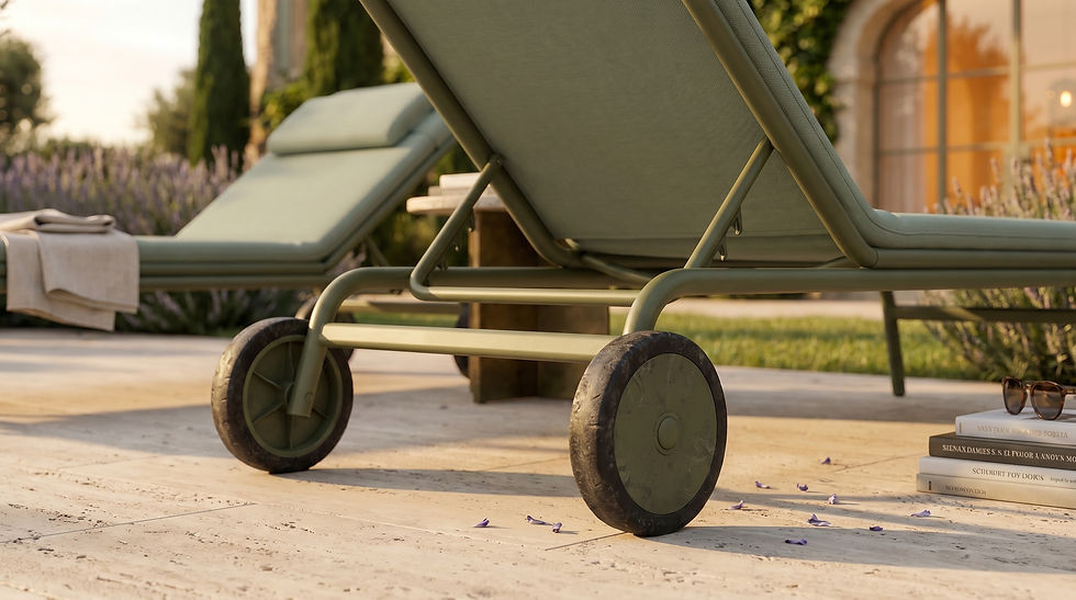Gros plan sur les roues du bain de soleil MEL Musola vert sauge, montrant l’option de déplacement facile autour de la piscine