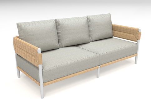 Canapé 3 places STIPA Maiori structure blanche avec tressage naturel et coussins gris clair