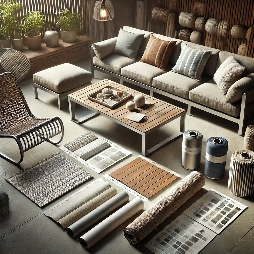 Sélection de matériaux pour mobilier de jardin, incluant bois, métal, tissus outdoor et cordes tressées, illustrant les options durables et résistantes pour l'extérieur.