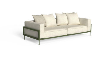 Canapé de jardin collection Cleosoft Alu – structure aluminium vert et coussins outdoor blanc chaud, vue produit sur fond blanc.