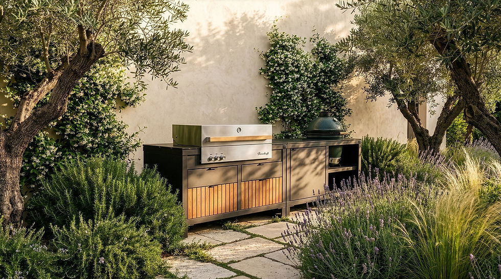 Cuisine extérieure modulable haut de gamme WAHO avec modules Rubix Roostr, barbecue Flammkraft Block D et kamado Big Green Egg dans un jardin près d’Aix-en-Provence.