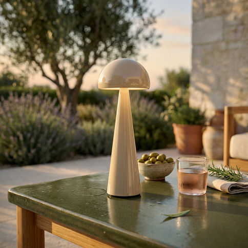 Lampe ZANZI QOOZII coloris Cappuccino allumée sur une table en céramique verte, terrasse au coucher du soleil