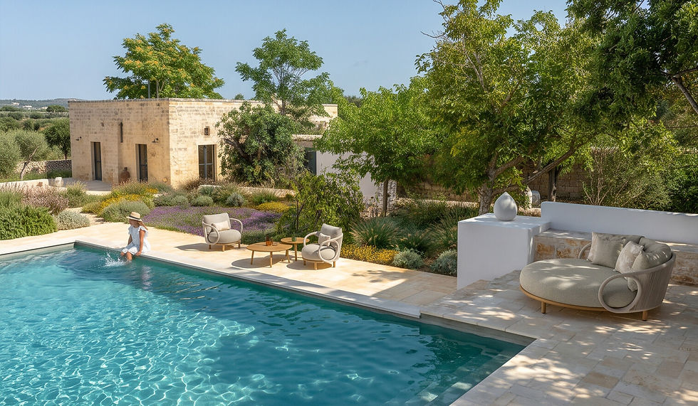Espace de détente extérieur avec piscine et mobilier design intégré dans un jardin méditerranéen paysager.