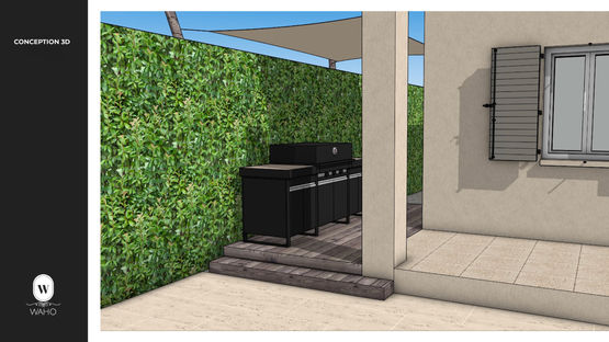 Rendu 3D conceptuel : cuisine extérieure Fogher LARES noire sur terrasse bois surélevée, adossée à une haie verdoyante, pilier d’angle et fenêtre à volets gris — Conception WAHO.