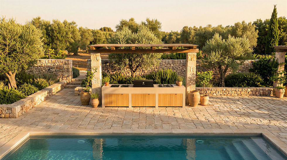 Cuisine extérieure haut de gamme au bord d'une piscine dans les Alpilles