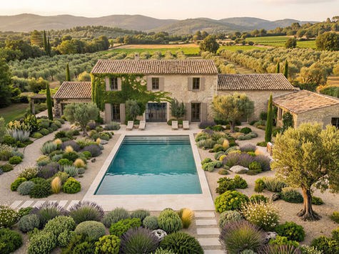 Maison en pierre avec piscine, entourée de jardins secs luxuriants et vue sur des champs et collines. Atmosphère paisible au coucher du soleil.