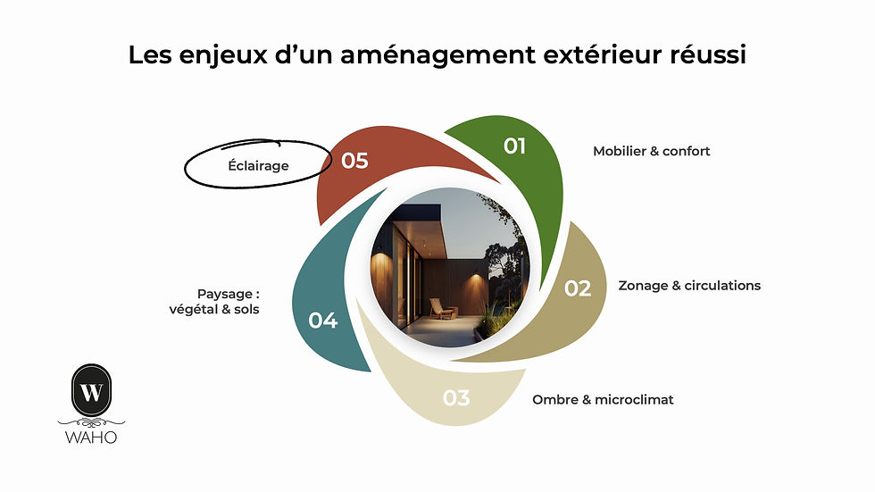 Infographie “Les enjeux d’un aménagement extérieur réussi” : 1 Mobilier & confort, 2 Zonage & circulations, 3 Ombre & microclimat, 4 Paysage (végétal & sols), 5 Éclairage. Diagramme en pétales autour d’une photo de terrasse au crépuscule.
