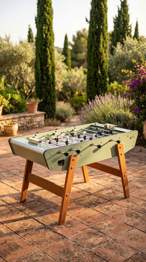 Baby-foot Stella vert sauge design extérieur avec pieds en bois massif et environnement paysager