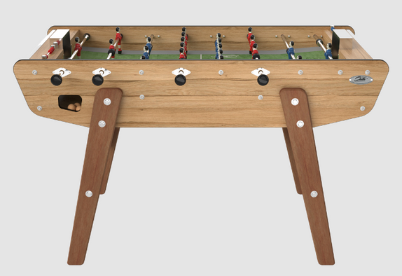 Vue latérale du baby-foot Stella HOME Outdoor effet chêne, pieds bois