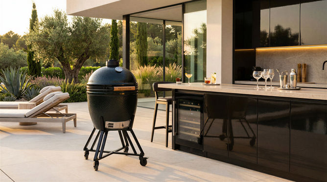 Big Green Egg The Onyx Large sur chariot devant une cuisine extérieure moderne avec îlot noir