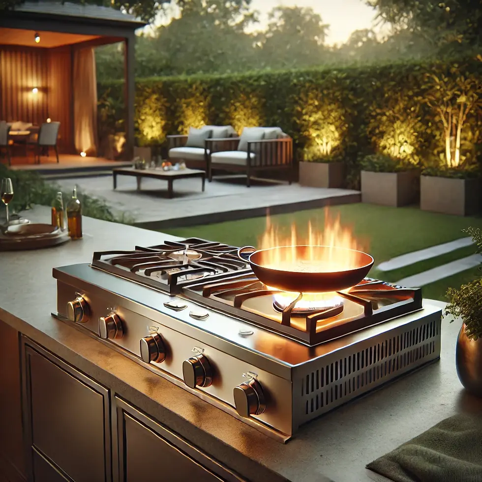 Brûleur à gaz haut de gamme en plein fonctionnement dans une cuisine extérieure moderne, avec une flamme vive sous une poêle, illustrant la puissance nécessaire pour cuisiner efficacement en extérieur.