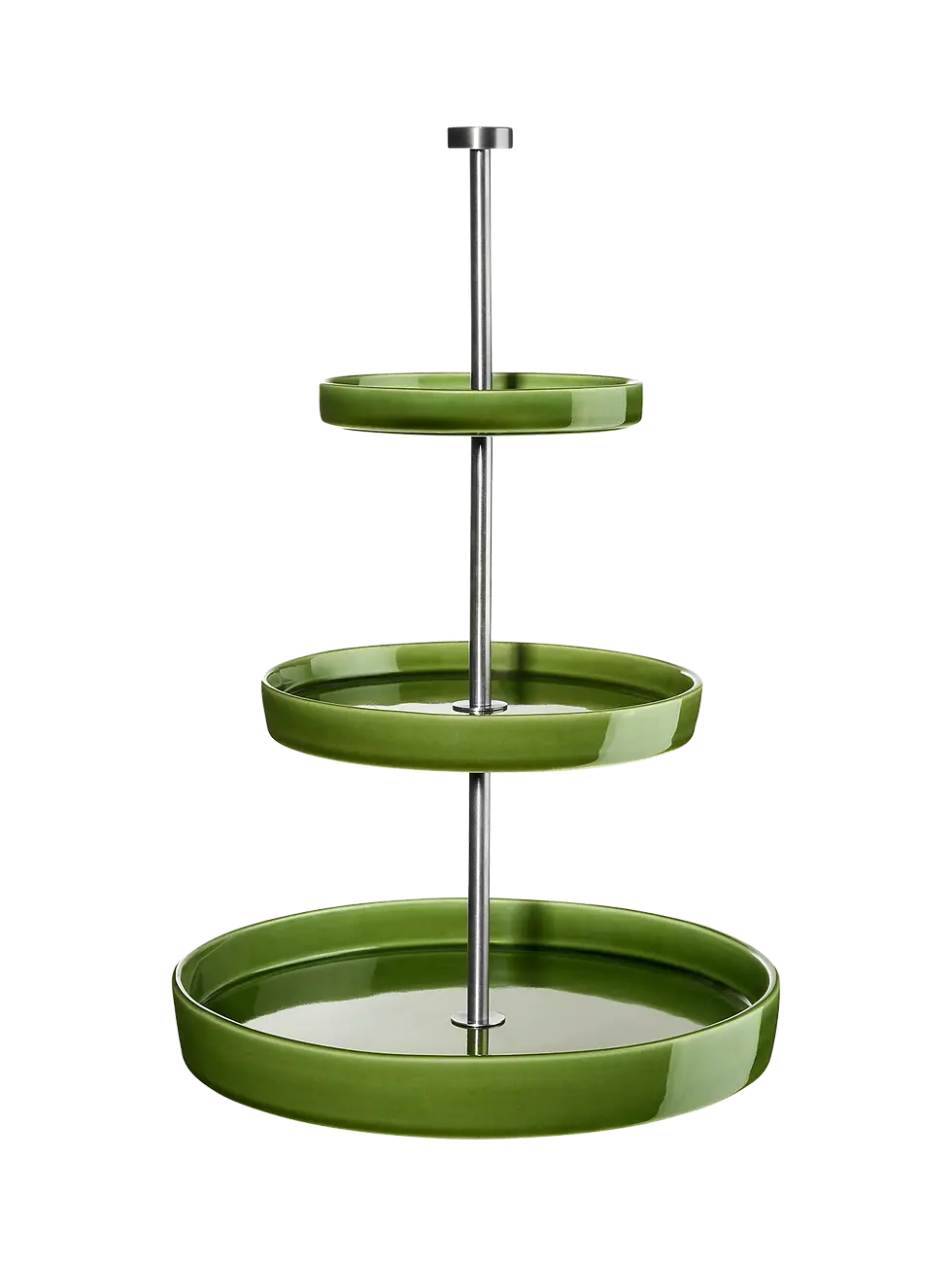 Étagère de présentation 3 niveaux Verde ASA Selection en céramique verte avec structure en acier inoxydable sur fond blanc.