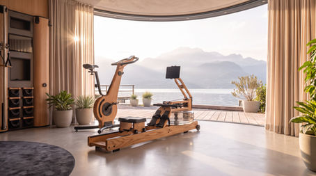 Vue d'ensemble de la salle de sport Nohrd depuis la droite, WaterRower et Bike face au lac d'Annecy