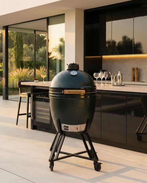 Vue de face du Big Green Egg The Onyx Large sur chariot devant une cuisine extérieure