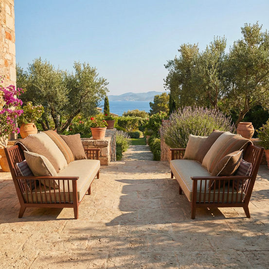 Canapé Inout 703 avec coussins gris clair et structure à lattes en bois, posé dans un jardin fleuri avec vue mer