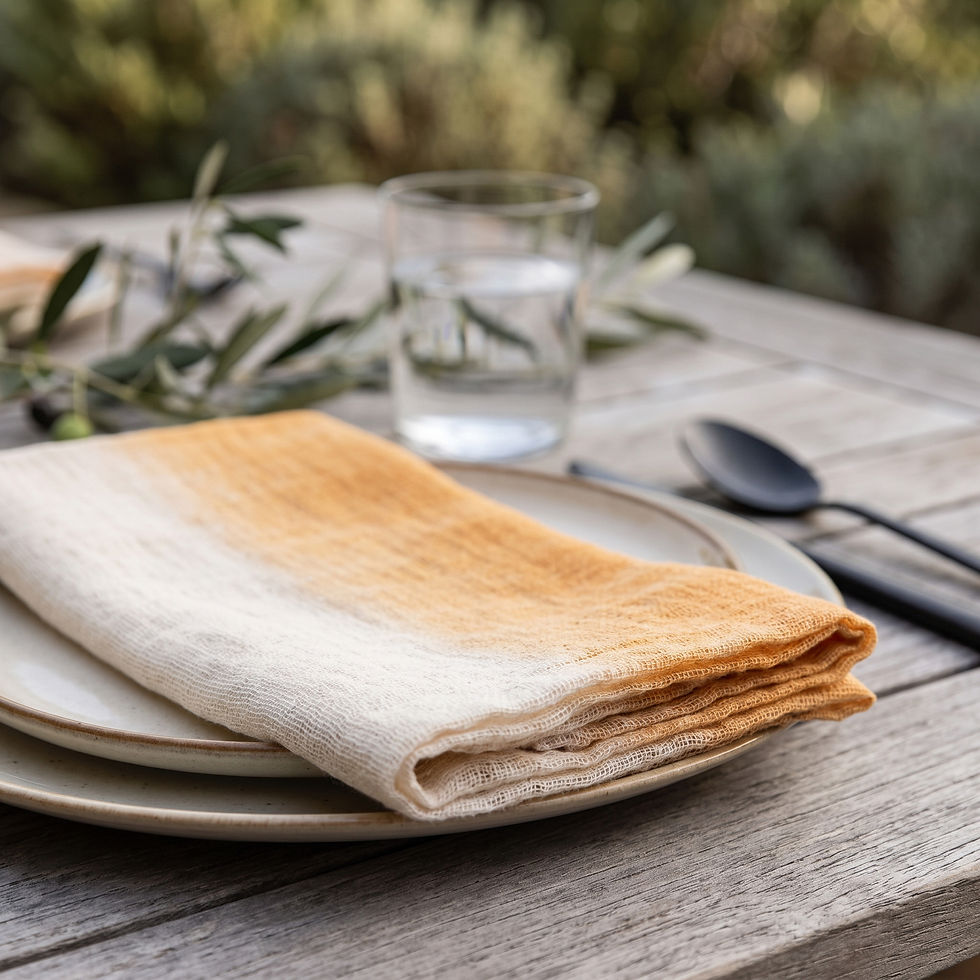 Serviette TATIN Marigold Bed and Philosophy en situation sur une assiette, table extérieure avec verre et branche d'olivier