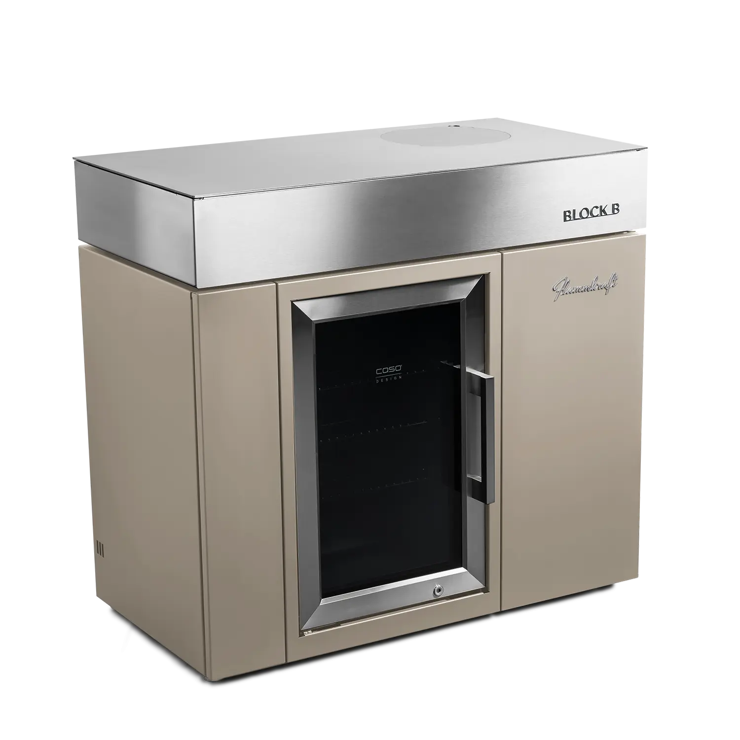 Module Flammkraft Block B avec réfrigérateur intégré CASO, façade en inox et finition beige pour espace bar extérieur élégant.