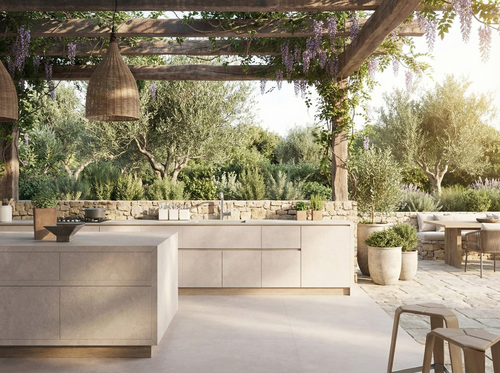 Cuisine extérieure contemporaine en pierre frittée Neolith, avec îlot monolithique et plans de travail résistants à la chaleur, intégrés dans un environnement paysager méditerranéen.