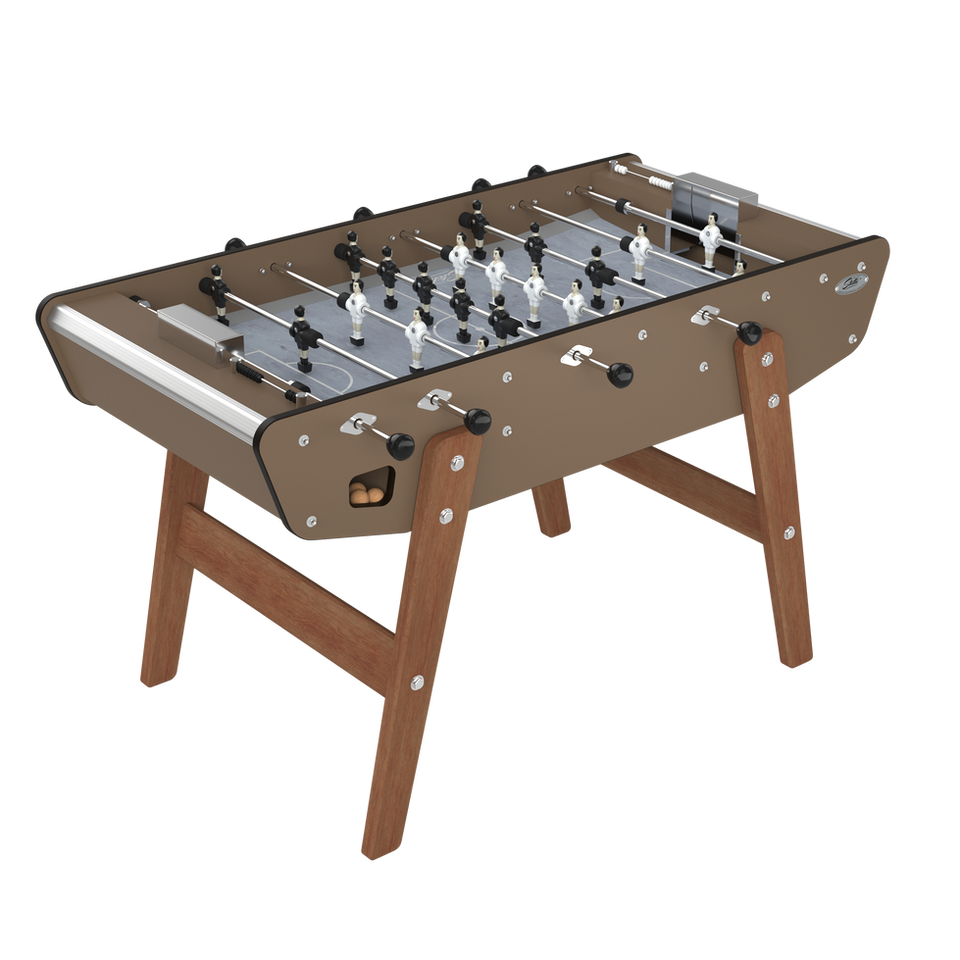 Vue studio du baby-foot Stella HOME OUTDOOR Taupe – rendu 3D de face et côté